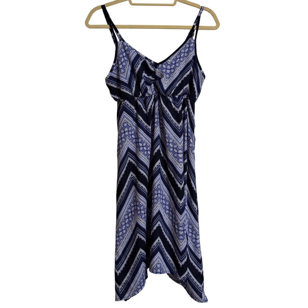 Maurices Blue White Chevron Handkerchief Hem Dress Small Spaghetti Strap Boho